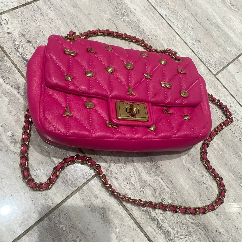 Karl Lagerfeld Hot Pink Leather Quilted Charm Adorned Purse Bag
